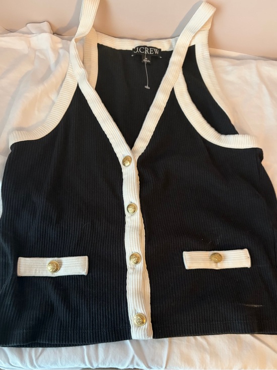 J. Crew Tops - J. Crew Black Ribbed Button-Front Tank with White Trim